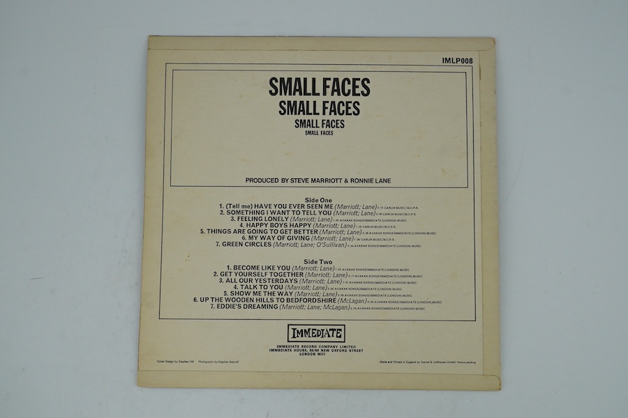 Small Faces; Small Faces LP record album, mono on Immediate, IMLP008. Condition - fair, some scratches to surface of the vinyl